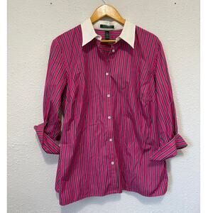 Lauren Ralph Lauren Pink Striped Button Down Cotton Shirt 1X Y2K Office Siren